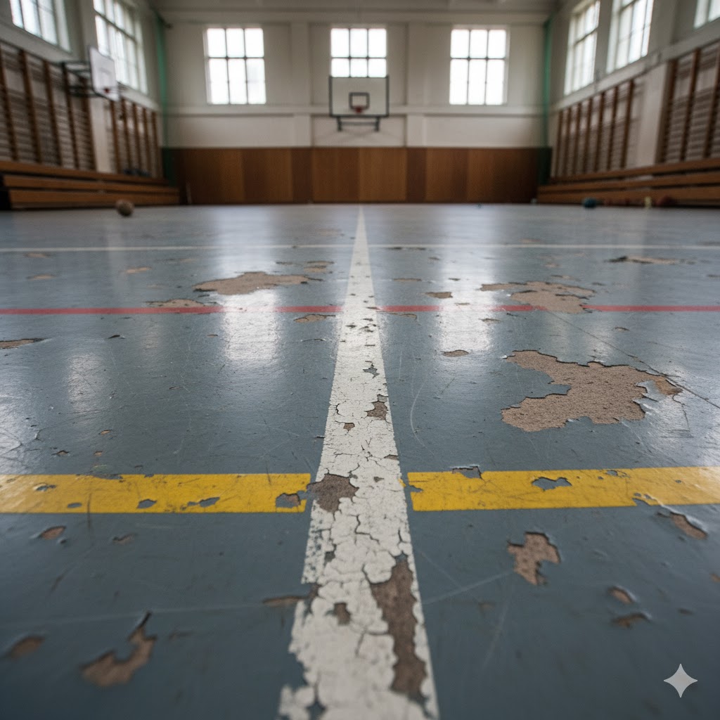 zniszczona podłoga w sali gimnastycznej